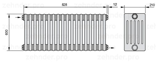 Схема (чертеж) Радиатор Zehnder Charleston 6060/18 №1670 Белый глянцевый RAL 9016